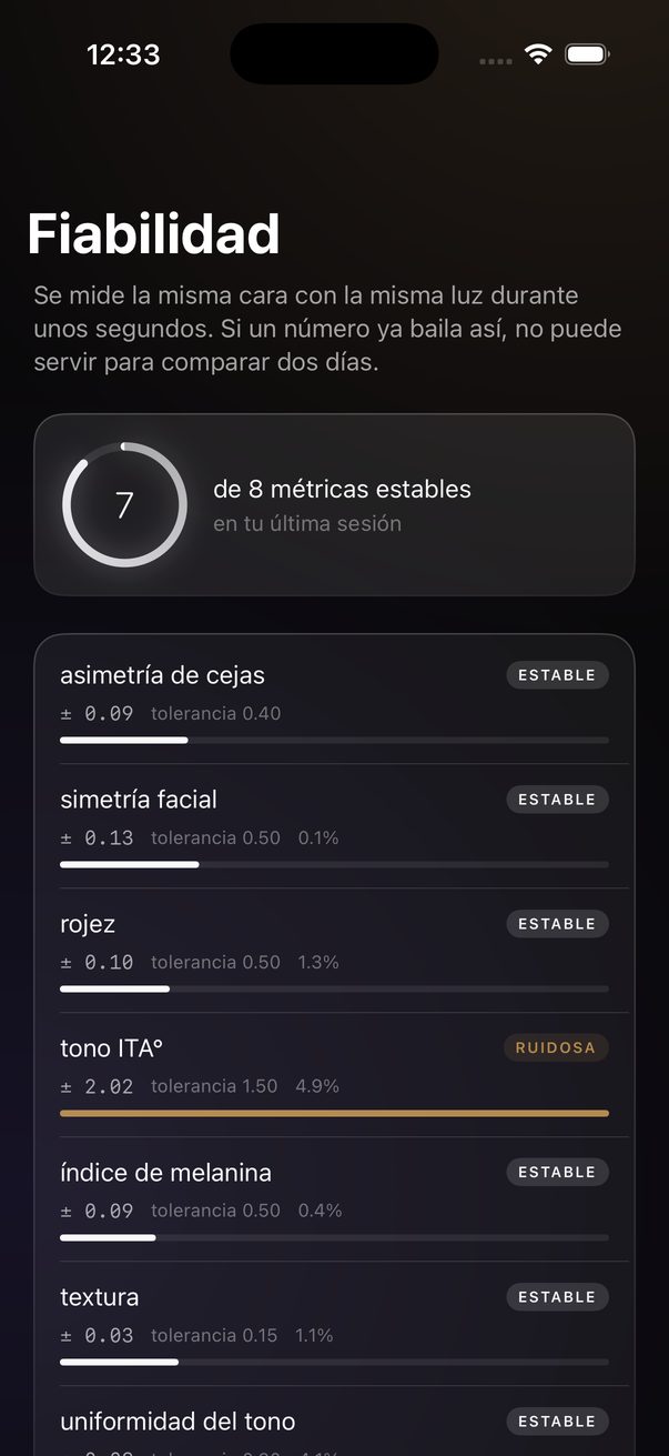 Pantalla de fiabilidad con la estabilidad de cada métrica