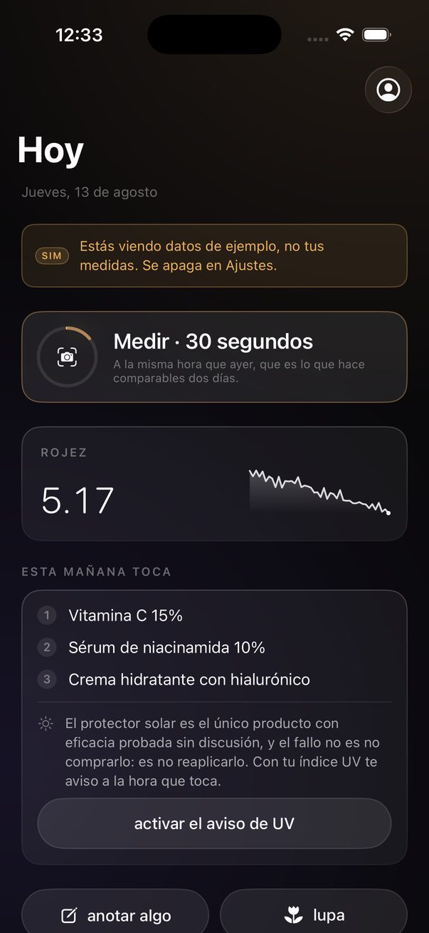 Pantalla de inicio con el botón de medir y la rutina del día